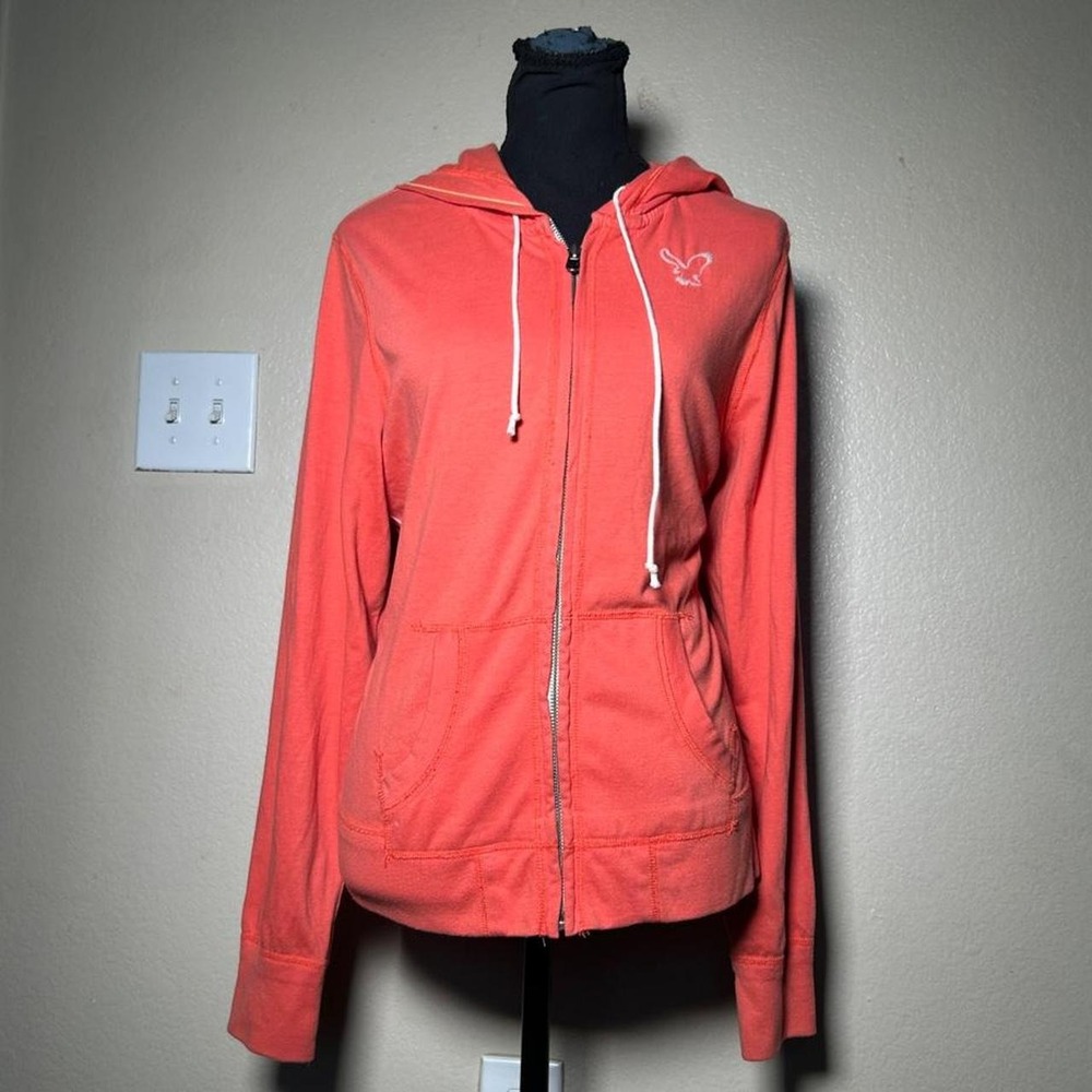 American Eagle Coral Zip Up Hoodie Y2K Butterfly Logo Orange Large
